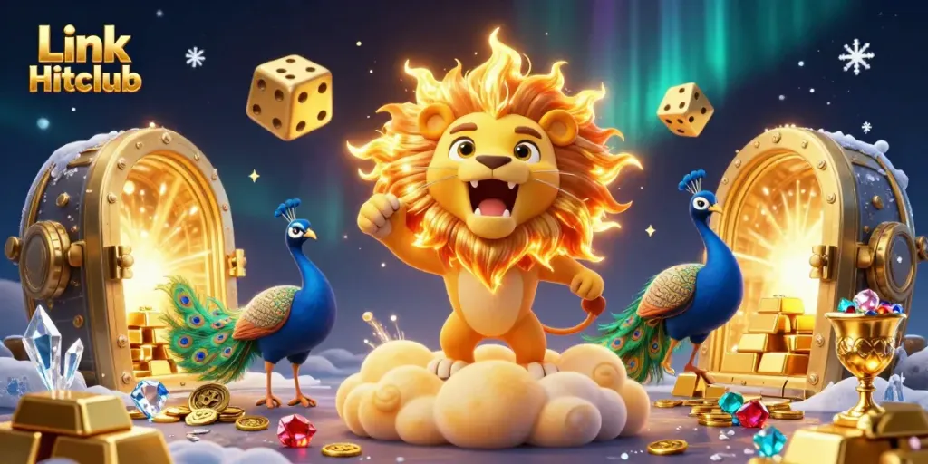 Experience the thrill with Link Hitclub in this vibrant 3D casino illustration of spectacular games and treasures.