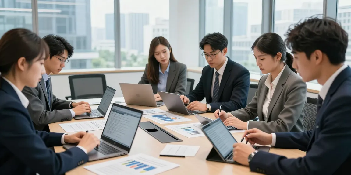 Compare business mobile deals UK in a collaborative office meeting on laptops, showcasing innovative contracts and teamwork.