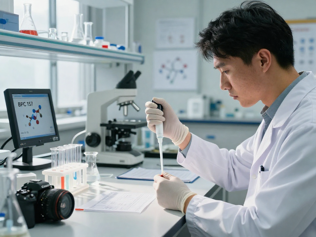 BPC 157 Side Effects analysis in a modern lab featuring a scientist examining peptide strips and health charts.