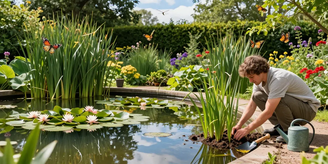 British Pond Plants thriving in a serene garden pond, featuring water lilies and reeds as a gardener plants new aquatic species.