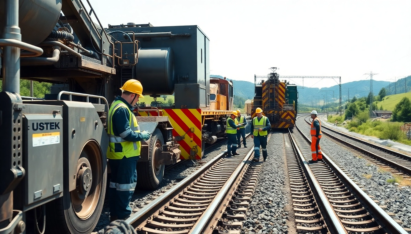 Railroad Maintenance crew performing inspections and repairs on tracks with safety protocols in practice.