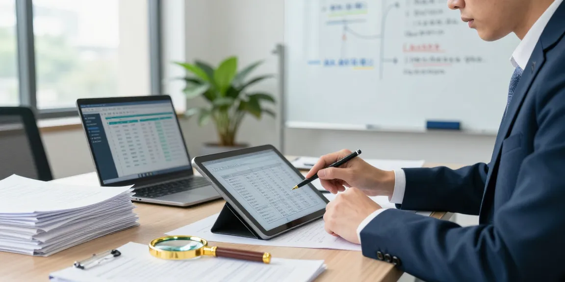 Auditor forensic profesional di aafikotaserang.org menganalisis dokumen keuangan dengan tablet dan laptop.