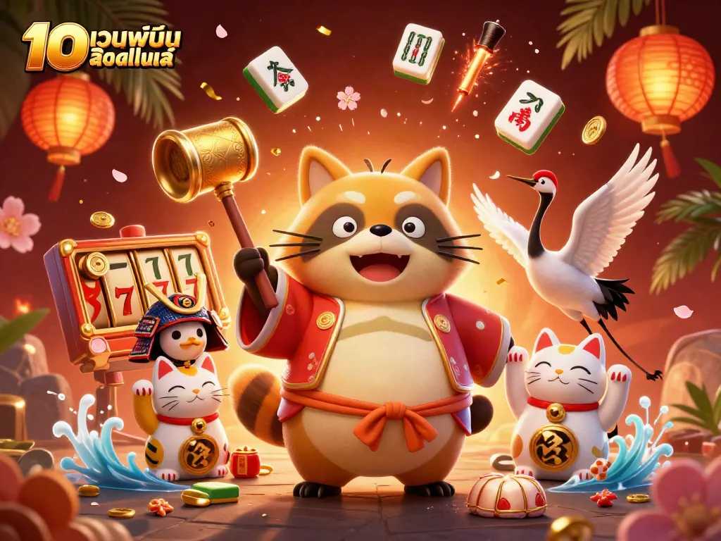 เล่นบน 10เว็บพนันออนไลน์ ที่แสดงถึงนกกระเรียนและแทนุกิ พร้อมเกมคาสิโนที่มีสีสัน