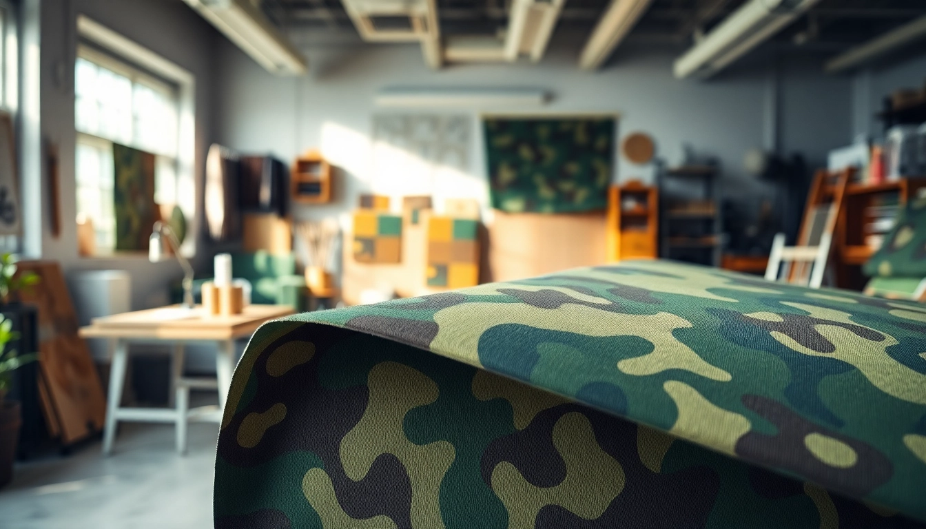 Bekijk de camouflage print stoffen met unieke texturen en patronen in een creatieve studio.