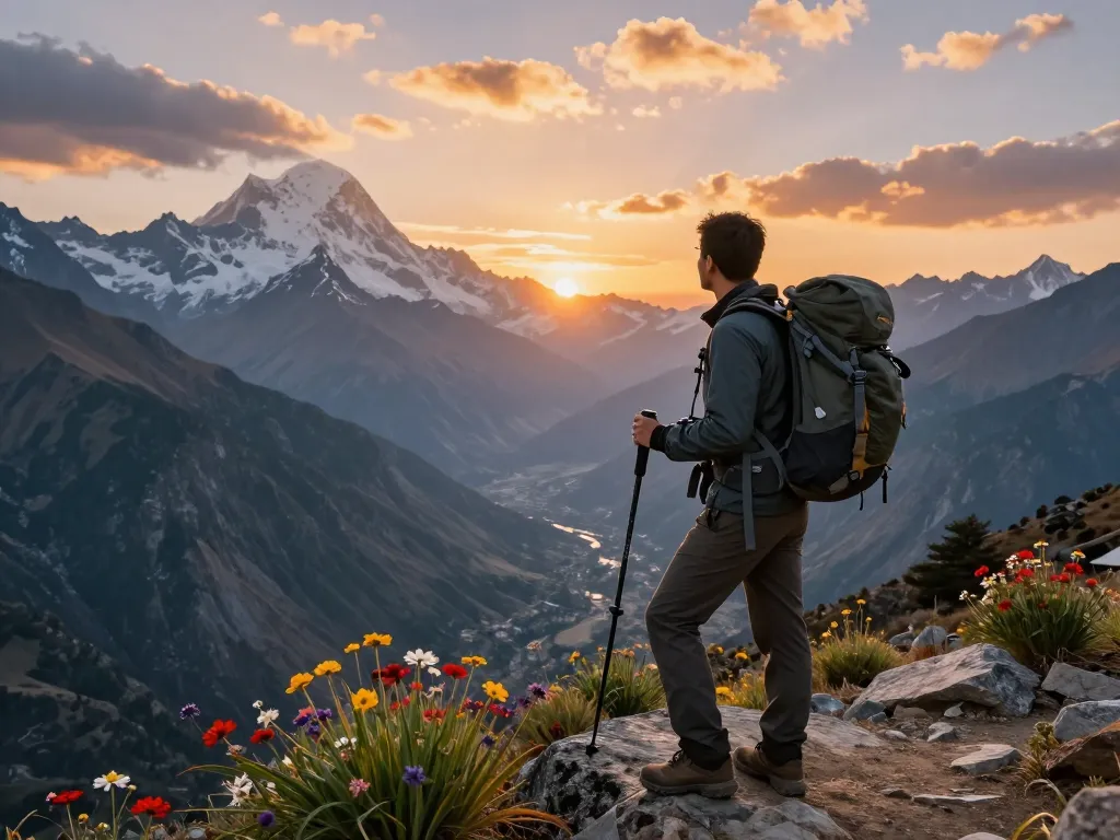 Annapurna Circuit trekker at a sunset viewpoint, showcasing breathtaking mountain views and a sense of adventure.