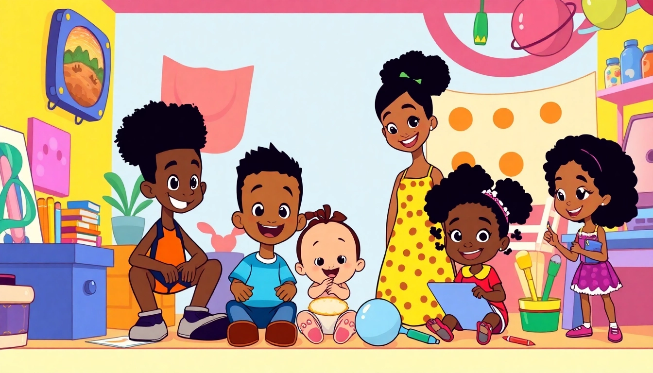 A vibrant illustration of beloved African American Cartoons showcasing characters from "The Boondocks" and "Proud Family" in a colorful imaginative setting.