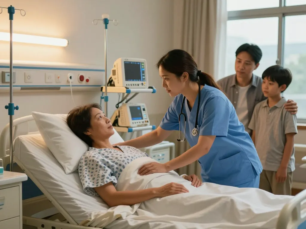 Comfortable giường bệnh nhân in a caring healthcare environment with caregiver assisting patient.