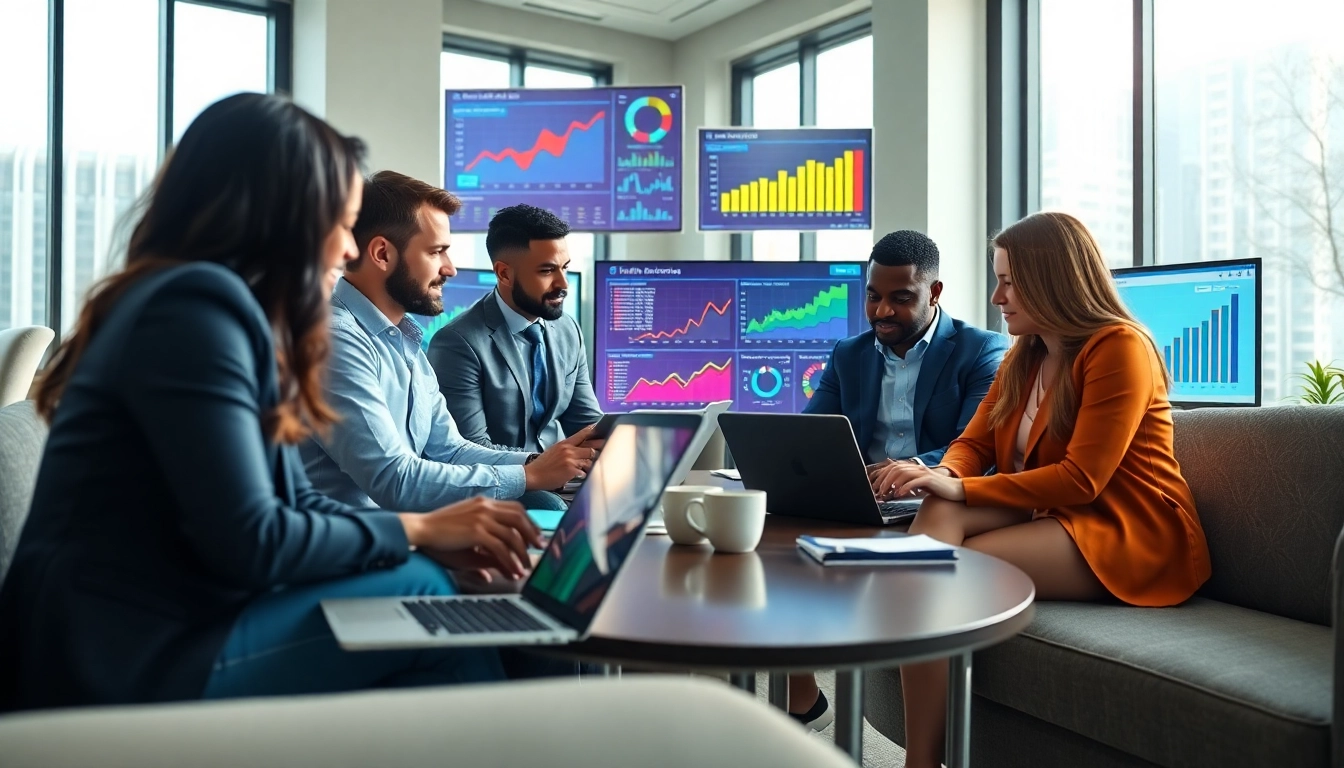 Utilize the linkedin email enrichment tool in a vibrant business setting with professionals discussing data.