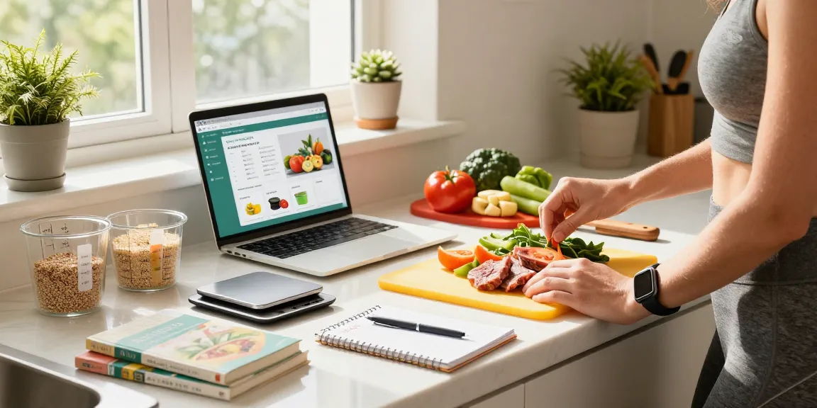 Individual tracking nutrition in a bright kitchen with the best nutrition tracking app on display, surrounded by healthy meal prep ingredients.