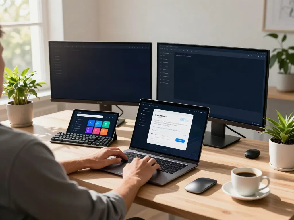 Focused individual using brave浏览器 on a modern laptop in a stylish home office.