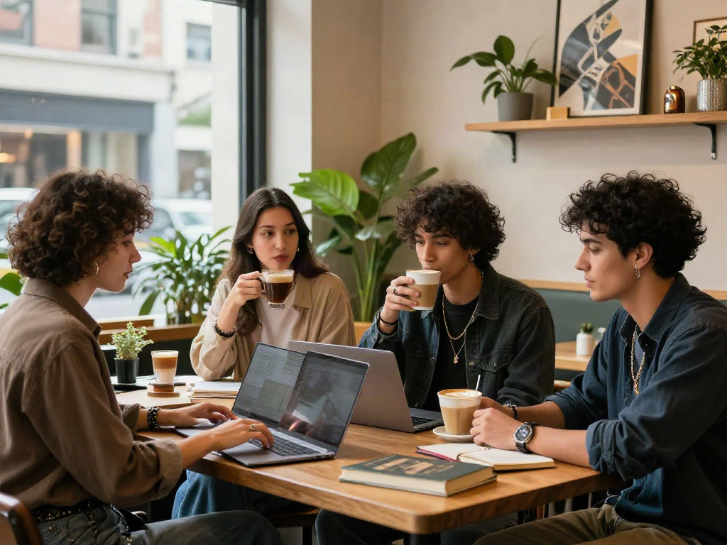 Socializing in a vibrant café while enjoying a rokok88 lifestyle experience, young adults engaging with laptops and coffee.