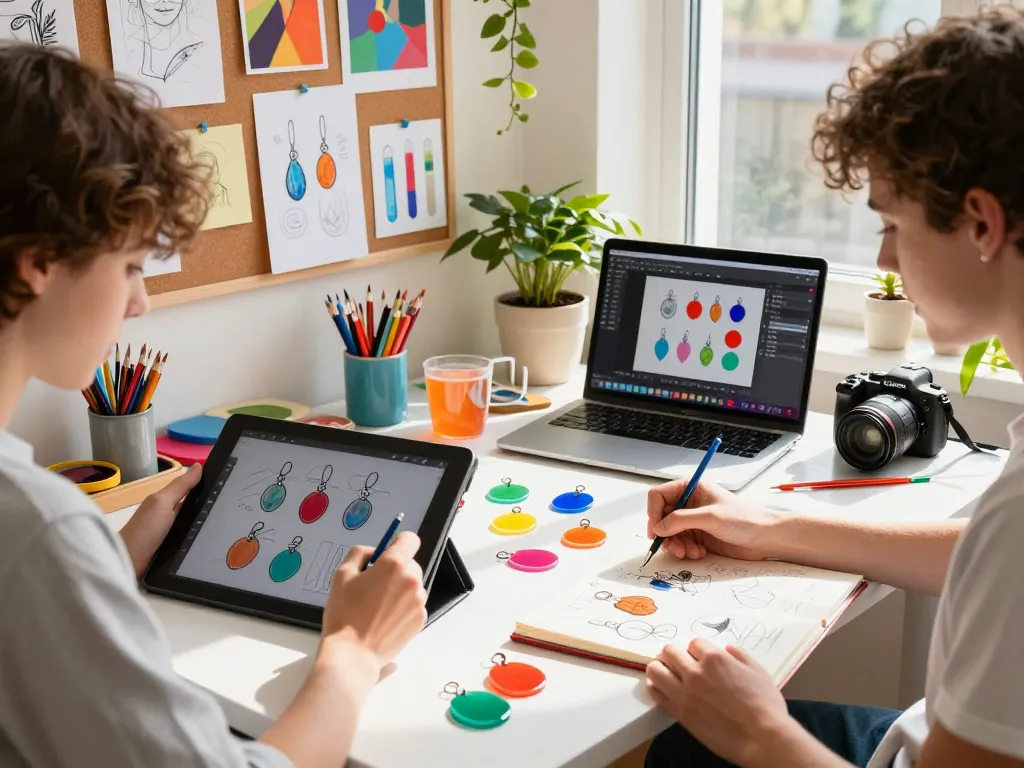 Vibrant workspace with an artist designing custom acrylic charms, showcasing colorful materials and creative tools.