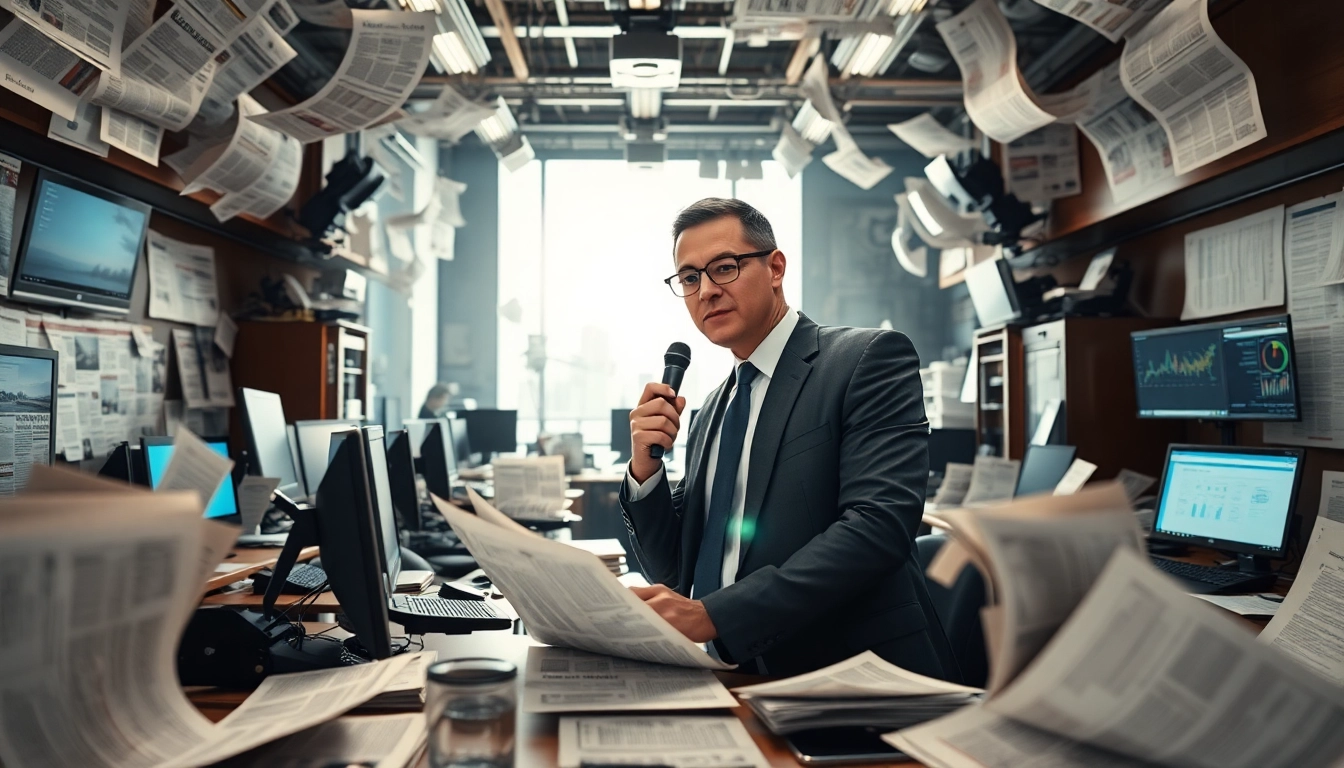 Journalist reporting on breaking news in a dynamic newsroom environment.