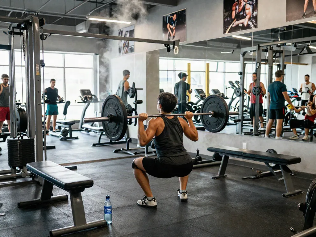 comprare steroidi muscoli in italia during an intense gym workout with an athlete performing barbell squats surrounded by fitness equipment and motivational elements