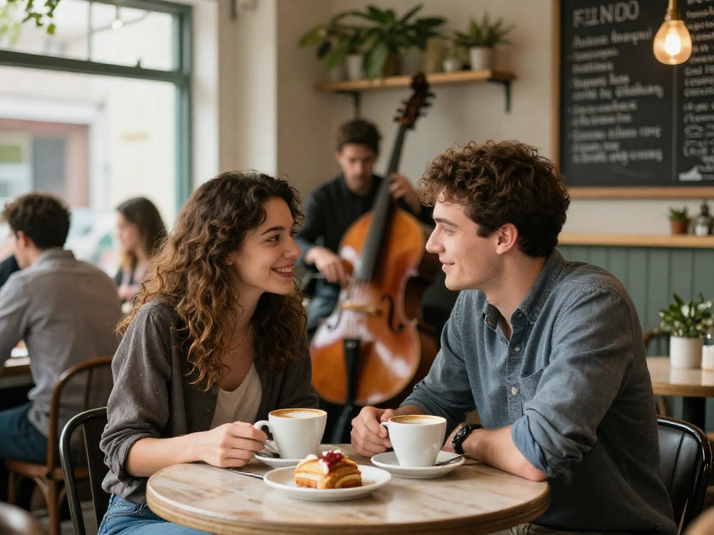 Couple crushing on each other over coffee in a cozy cafe.