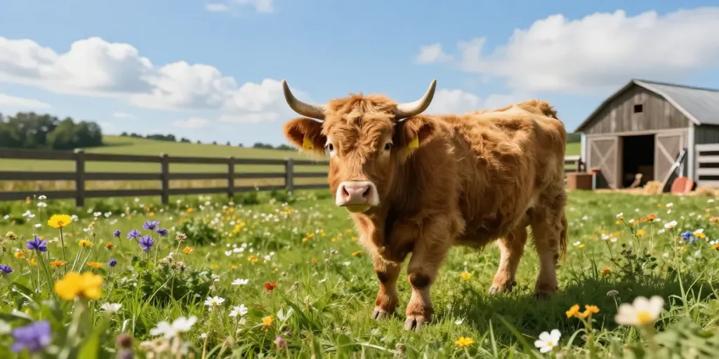 Mini cattle grazing peacefully on a lush farm with beautiful flowers.