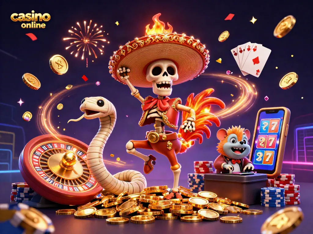 El casino online y el emocionante juego se celebran con un esqueleto mariachi y otros personajes alegóricos.