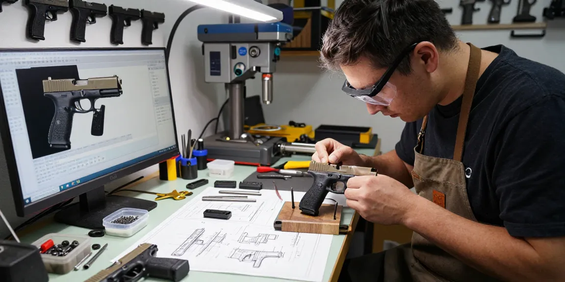 Glock firearms customization at https://precisionglockslides.com workshop showcasing tools and precision parts.