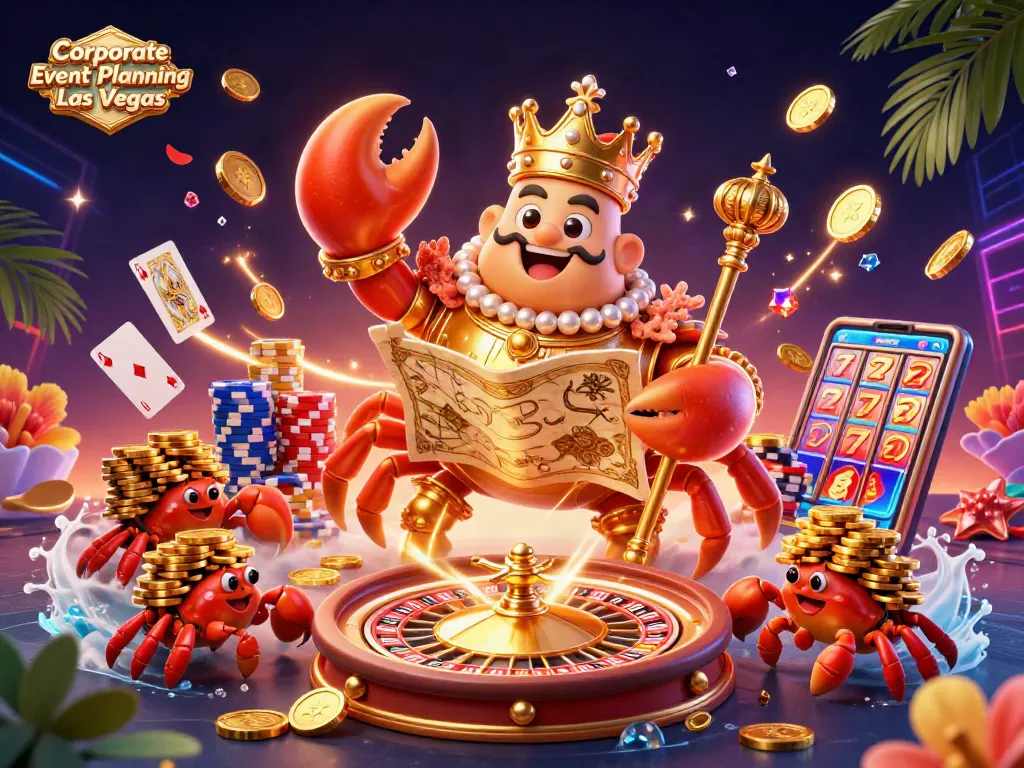 Engaging illustration for Corporate Event Planning Las Vegas features a vibrant casino scene with a golden crab emperor and festive elements.