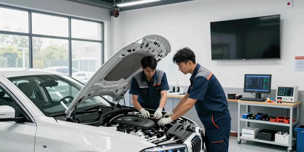 BMW Werkstatt Hannover mit Mechanikern, die Motorwartung durchführen.