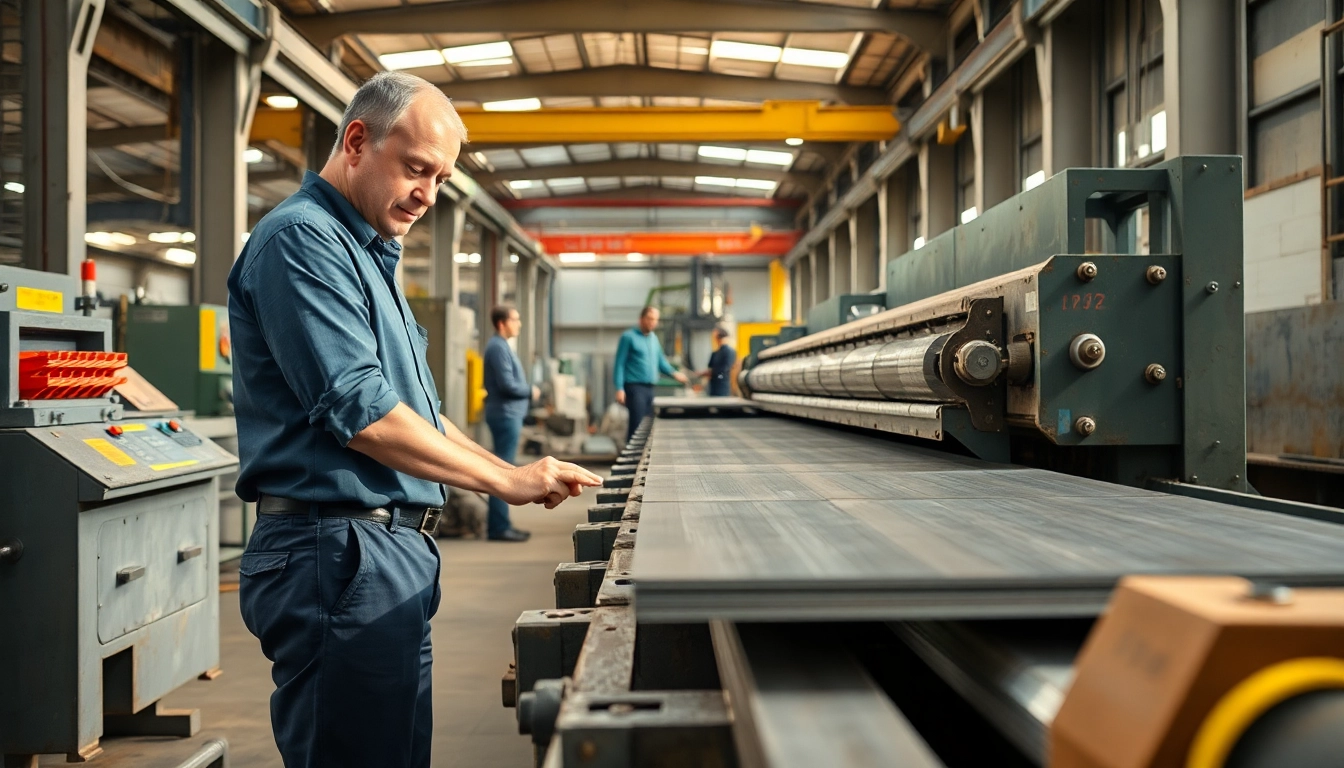 Engage in plate rolling as heavy machinery bends metal plates in a busy workshop.