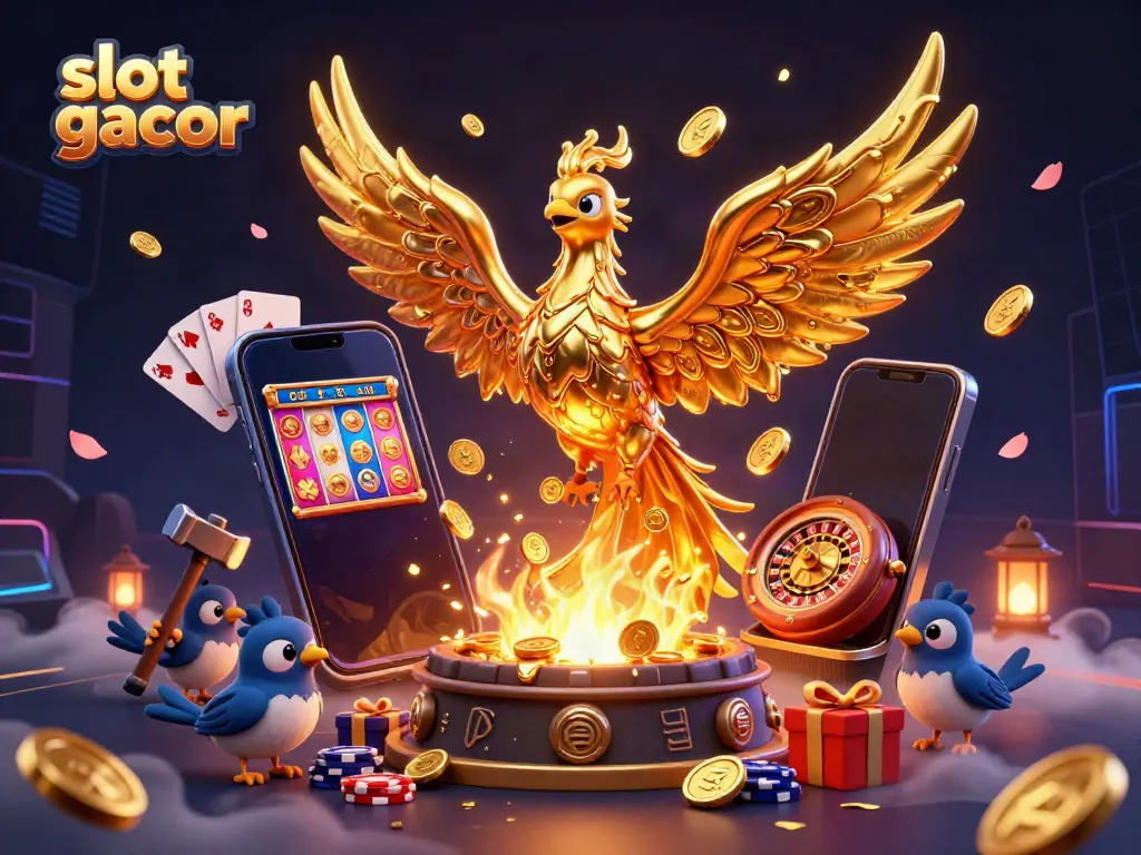 Slot gacor menampilkan phoenix emas dan elemen permainan slot secara menakjubkan.
