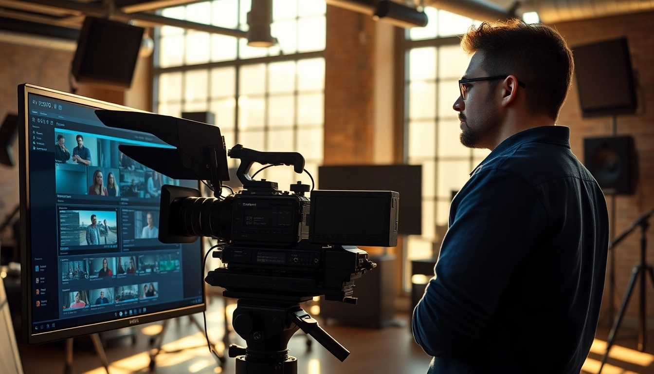 Showcasing a film maker engaged in editing, utilizing advanced tools in a vibrant studio.
