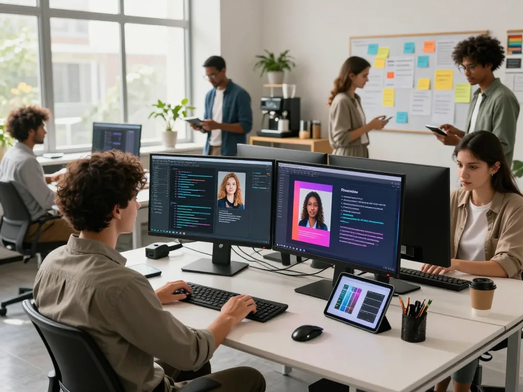 An engaging workspace with a team analyzing an image to prompt AI, showcasing tech and collaboration.