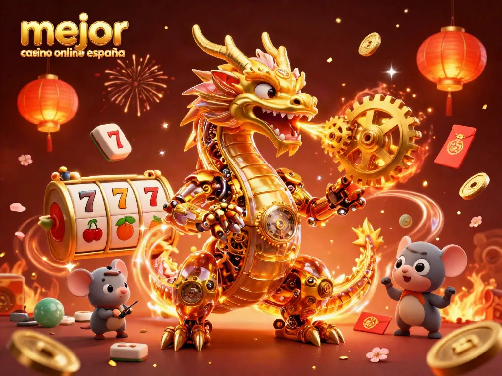 Ilustra un dragón dorado biomecánico y un ingeniero en un casino online, destacando el mejor casino online en España.