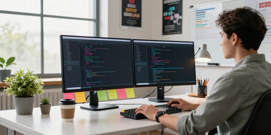 Developer coding in Notepad++ at a modern workspace with dual monitors.