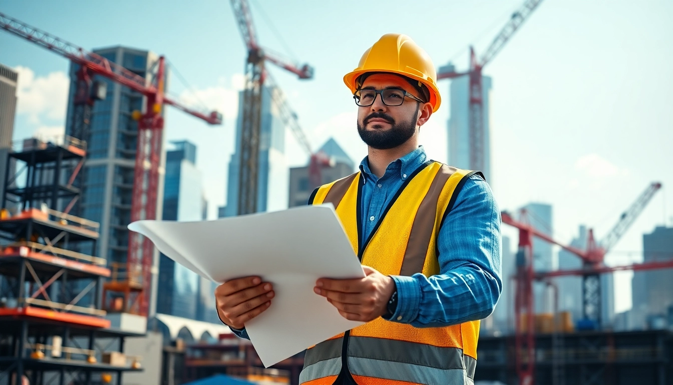 Manhattan Construction Manager overseeing a bustling construction site with cranes and blueprints.