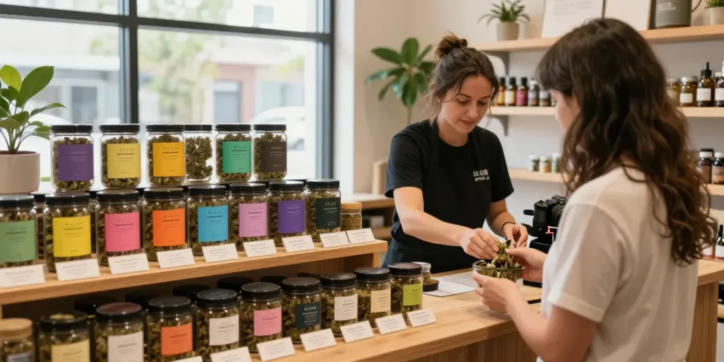 Alienlab's premium cannabis selection featuring exotic strains and expert guidance in a warm shop atmosphere.