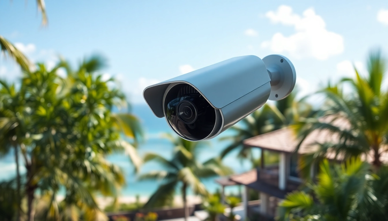 Cámaras de seguridad en Guanacaste, bellamente integradas en un entorno tropical, que muestran tecnología avanzada.