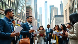 Engaging scene of diverse job seekers in New York City, emphasizing new york jobs opportunities in a lively urban setting.