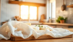 Gebruik een kaasdoek om kaas te strijken, vers en natuurlijk in een gezellige keuken.