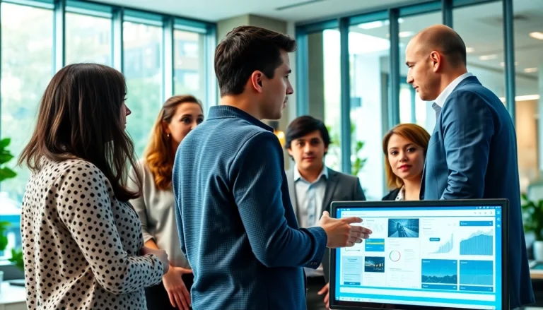 Engaged marketing professionals discussing smm services strategies in a modern office.