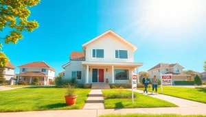 Real Estate agent presenting a modern home with a vibrant suburban backdrop inviting buyers.