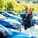 Buy a car from a friendly dealership showcasing diverse vehicles in a welcoming atmosphere.