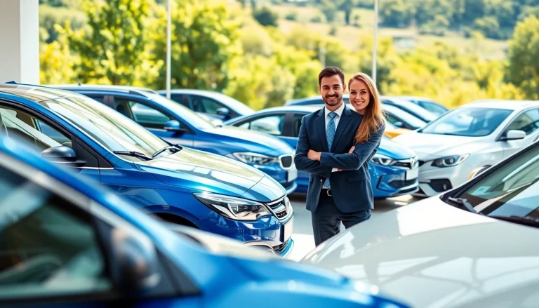 Buy a car from a friendly dealership showcasing diverse vehicles in a welcoming atmosphere.