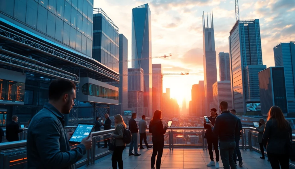 Explore Technology transforming human interaction in a modern cityscape with interactive devices.