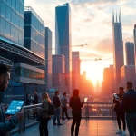 Explore Technology transforming human interaction in a modern cityscape with interactive devices.