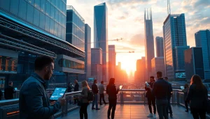 Explore Technology transforming human interaction in a modern cityscape with interactive devices.