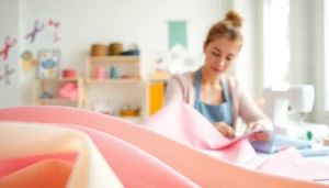 Mousseline stof in een kleurrijke stoffenwinkel, met diverse texturen en patronen.