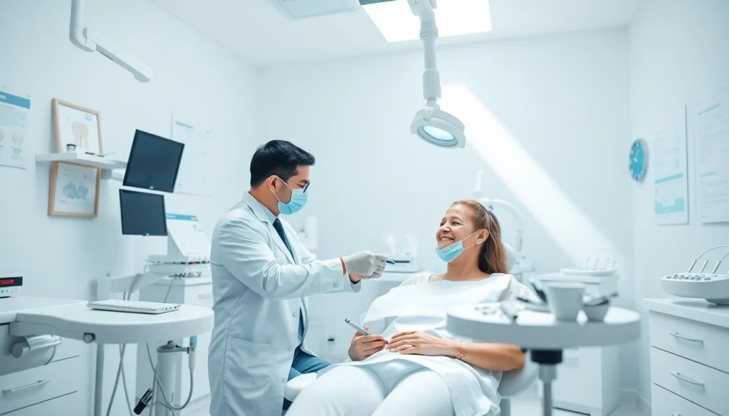 Experienced dentist examining a patient in a bright, modern dental clinic setting.