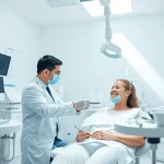 Experienced dentist examining a patient in a bright, modern dental clinic setting.