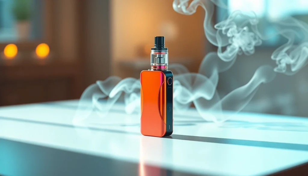 Vozol Vape-Gerät mit modernem Design und sanften Rauchwellen im Hintergrund.