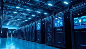 Explore top cloud mining technology in a state-of-the-art facility, showcasing advanced mining rigs and digital displays.