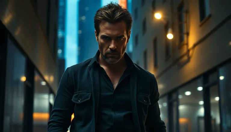 Hero standing resolute in a dark alley like Jack Reacher, embodying suspense and determination.