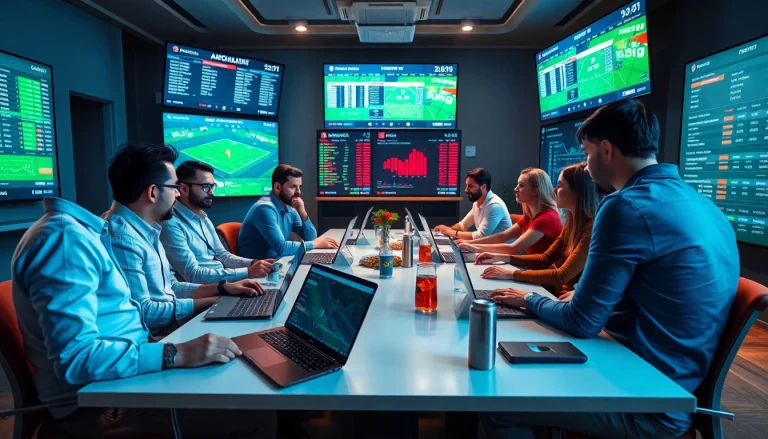 Evaluate top online sportsbooks India with a diverse group analyzing betting odds in a modern setting.