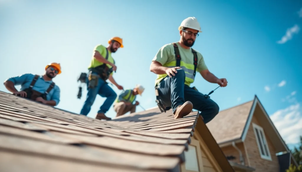 Professional roofing services by skilled workers on a residential roof showcasing quality workmanship.
